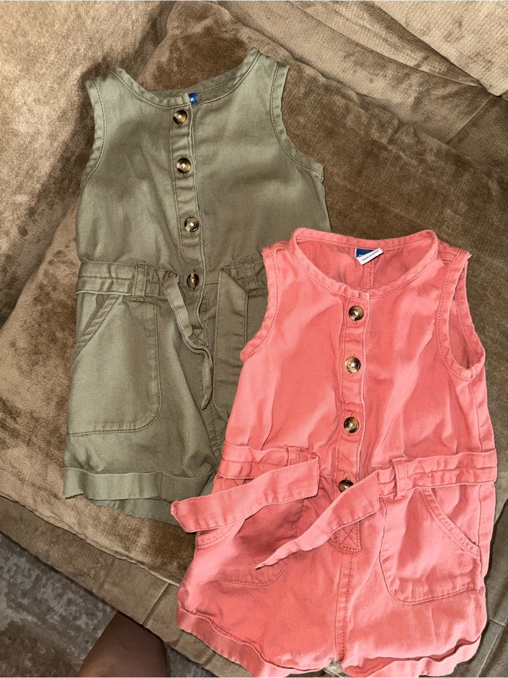 2/$15 Old Navy 12-18 months Olive Green and Coral Pink Sleeveless Rompers